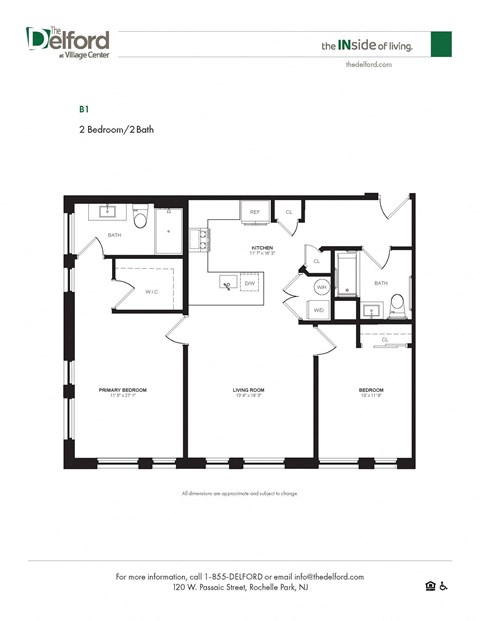 A black and white image of a floor plan for a 2 Bedroom/2 Bath apartment.